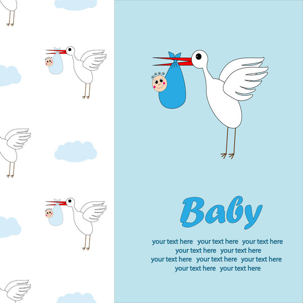Una cigüeña lleva a un niño en las nubes. Una postal sobre el nacimiento de un niño. Ilustración. - Vector, Imagen