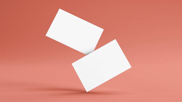 Dos tarjetas de visita flotantes maquetas sobre un fondo rosa. Inserta tu diseño. Concepto de marca - Foto, imagen