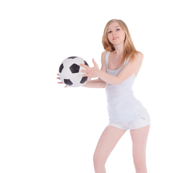 Young caucasian female with soccer ball on white background - Fotografie, Obrázek