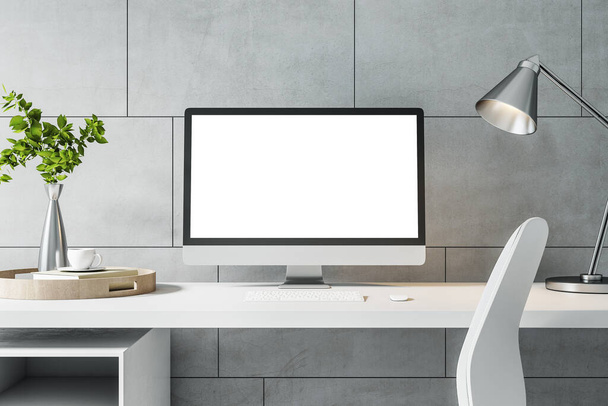 Close up of designer desktop with black computer  screen, lamp and other supplies. Mock up, 3D Rendering - Φωτογραφία, εικόνα