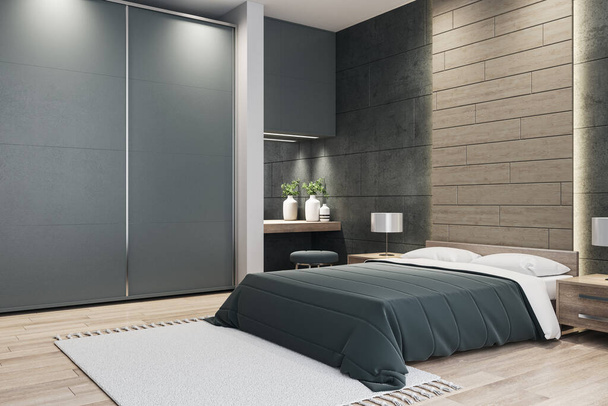 Contemporary bedroom with bed. Design and style concept. Mock up. 3D rendering. - Foto, imagen