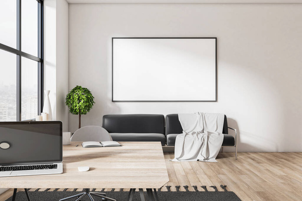 Чистий інтер'єр домашнього робочого місця з ноутбуком на столі, диваном і порожнім плакатом на стіні. Концепція робочого місця та презентації. 3D рендерингу
 - Фото, зображення