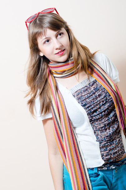 Woman in jeans,t-shirt with scarf - Foto, Bild
