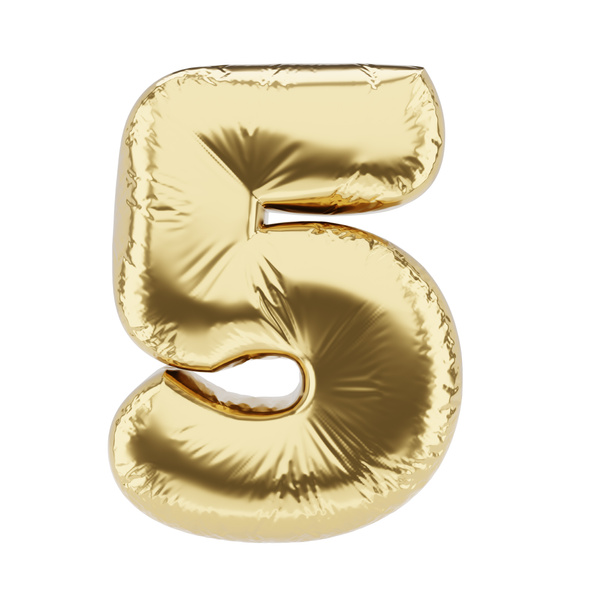 Number 5 shape golden foil inflatable balloon isolated on white background. 3D rendering illustration. - Fotografie, Obrázek