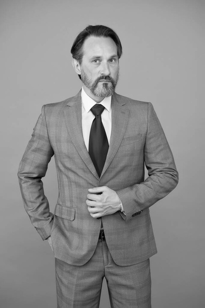 Giving man confidence. Bearded man grey background. Mature man in formal style. Fashion look of business man. Office style. Business attire. Fashion wardrobe. Menswear store. Get exclusive formalwear - Photo, Image