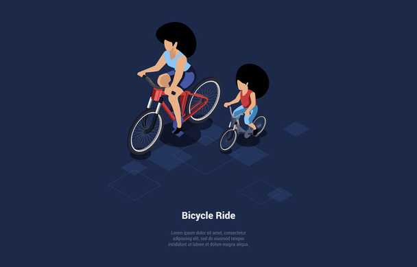 Female Characters Riding Bicycles Together. Isometric Vector Illustration On Dark Background. Cartoon 3D Composition With Writing, Woman And Child Spending Time Actively. Seasonal Sports Concept Art - ベクター画像