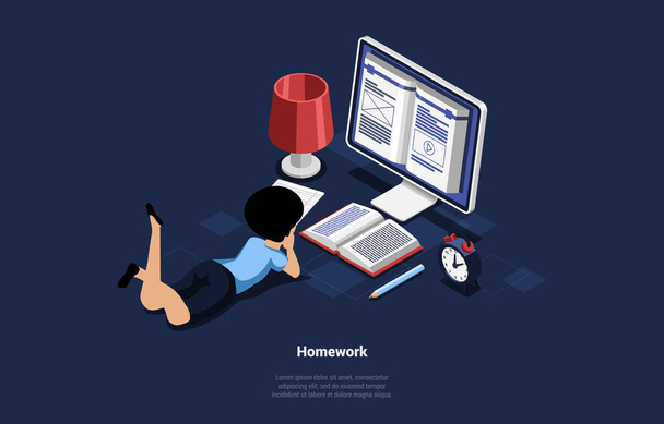 Student Doing Homework Behind Computer Monitor With Information On Screen. Character Lying Near Study Supplies Book, Pencil, Clock And Paper Learning. Isometric Vector Composition, Cartoon 3D Style - Vector, Image