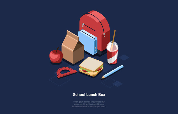 Εικονογράφηση του σχολείου μεσημεριανό κουτί τροφίμων ισομετρική Vector Set. 3D σύνθεση κινουμένων σχεδίων σε σκούρο φόντο με αντικείμενα και κείμενο. Σακίδιο πλάτης, χάρτινη τσάντα, μήλο, ζουρλομανδύα, σάντουιτς, μολύβι και ποτό σε γυαλί - Διάνυσμα, εικόνα