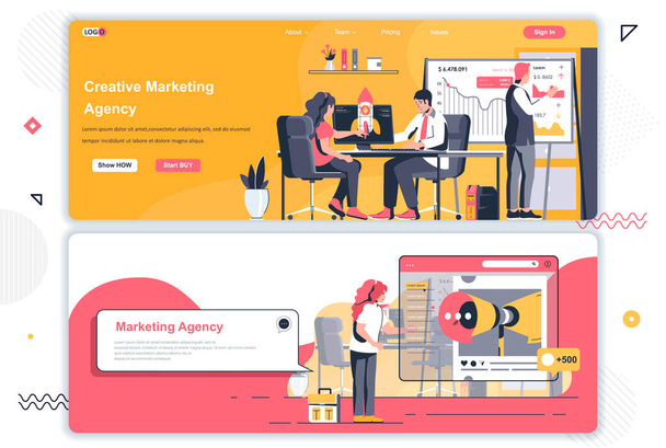 Creative marketing agency landing pages set. Marketing strategy, PR service corporate website. Flat vector illustration with people characters. Web concept use as header, footer or middle content. - Vector, Image