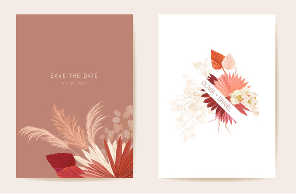 Watercolor orchid, pampas grass, lunaria floral wedding card. Vector exotic flower, tropical palm leaves invitation - Vektor, kép