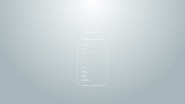 Blaue Linie Baby Flasche Symbol isoliert auf grauem Hintergrund. Fütterung Flaschensymbol. Milchflaschenschild. 4K Video Motion Grafik Animation - Filmmaterial, Video