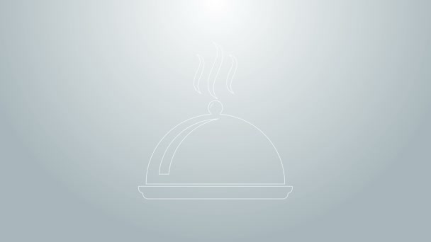 Linea blu Coperta da un vassoio di icona del cibo isolato su sfondo grigio. Vassoio e coperchio. Cloche ristorante con coperchio. Simbolo utensili da cucina. Animazione grafica 4K Video motion - Filmati, video