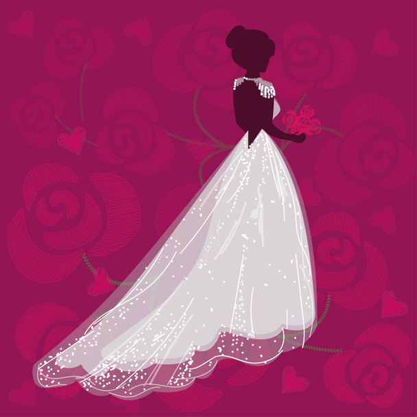 Невеста в свадебном платье. Праздник. Фон из роз. - Вектор,изображение