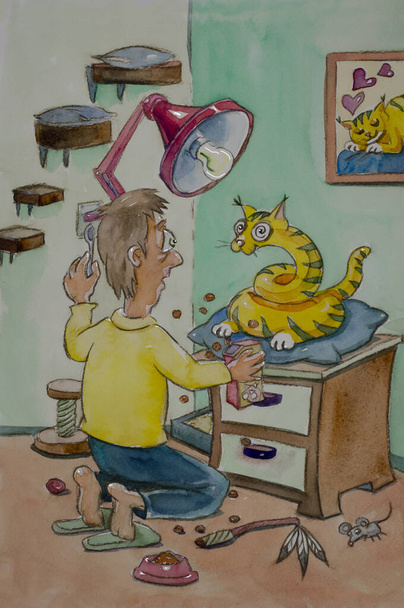 Conceito de hipnose de gato engraçado cartoon aquarela - Foto, Imagem