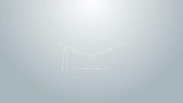 Linea blu Icona del cappuccio graduato isolato su sfondo grigio. Cappello da laurea con icona a nappa. Animazione grafica 4K Video motion - Filmati, video