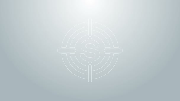 Ligne bleue Cible avec icône symbole dollar isolé sur fond gris. Objectif d'investissement. Concept d'entreprise réussi. Espèces ou argent signe. Animation graphique de mouvement vidéo 4K - Séquence, vidéo