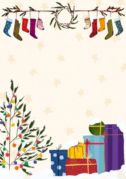 Een brief aan de Kerstman template. Handgetekende illustratie. Kerstkaart met kerst- en nieuwjaarsgroet. Tekenfilm Kerst wens kerst items. - Foto, afbeelding