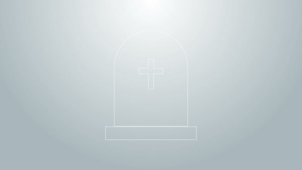 Kék vonal Tombstone kereszt ikon elszigetelt szürke háttér. Sírikon. 4K Videó mozgás grafikus animáció - Felvétel, videó