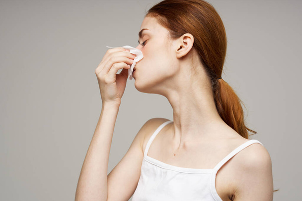 sick woman runny nose health problems cold dissatisfaction - Fotó, kép
