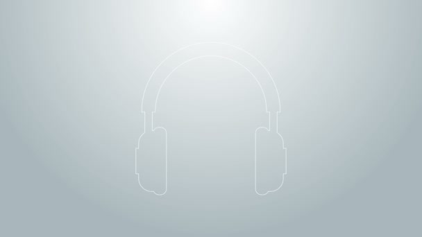Kék vonal Fejhallgató ikon elszigetelt szürke háttér. Fülhallgató jel. Koncepció tárgy zenét hallgatni, szolgáltatás, kommunikáció és kezelő. 4K Videó mozgás grafikus animáció - Felvétel, videó
