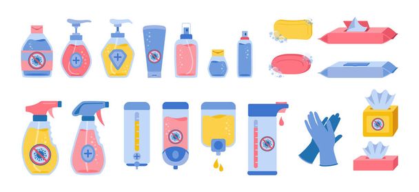 Disinfection sanitizer bottles cartoon set vector - Vector, Image
