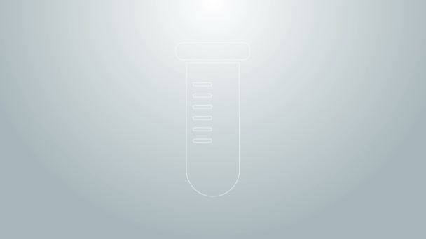 Linha azul Tubo ou frasco de ensaio - ícone de ensaio químico em laboratório isolado sobre fundo cinzento. Laboratório, sinal de vidro científico. Animação gráfica em movimento de vídeo 4K - Filmagem, Vídeo