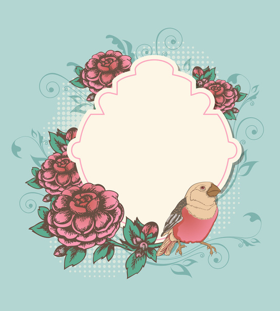 Label with pink roses and bird - Vector, Image