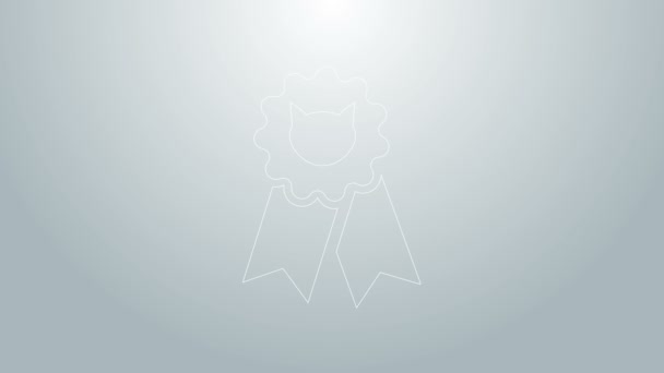 Modrá čára Kočičí ocenění symbol ikona izolované na šedém pozadí. Medaile s kočičí stopou jako koncept vítěze výstavy domácích mazlíčků. Grafická animace pohybu videa 4K - Záběry, video