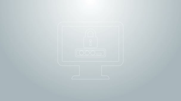 Blauwe lijn Monitor met wachtwoord melding en slot pictogram geïsoleerd op grijze achtergrond. Beveiliging, persoonlijke toegang, gebruikersautorisatie, inlogformulier. 4K Video motion grafische animatie - Video