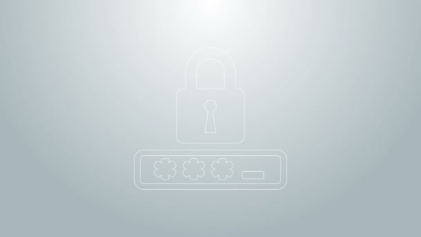 Синяя линия Защита паролем и значок безопасного доступа изолированы на сером фоне. Rek icon. Безопасность, безопасность, защита, концепция конфиденциальности. Видеографическая анимация 4K - Кадры, видео