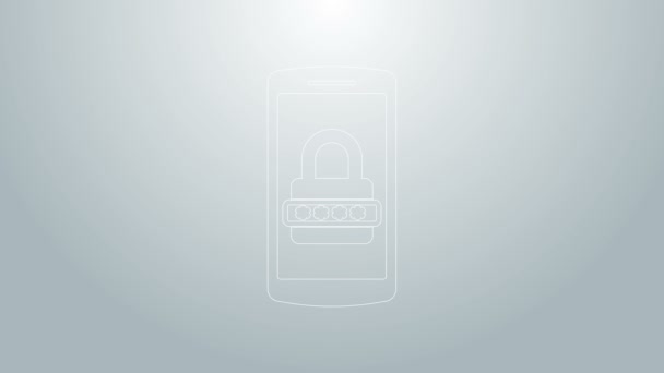 Синяя линия Мобильный телефон и значок защиты паролем выделены на сером фоне. Безопасность, безопасность, личный доступ, авторизация пользователя, конфиденциальность. Видеографическая анимация 4K - Кадры, видео