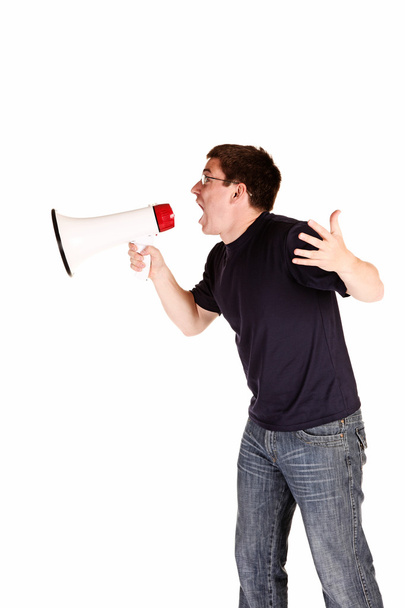 Nuori mies huutaa megafonia
 - Valokuva, kuva