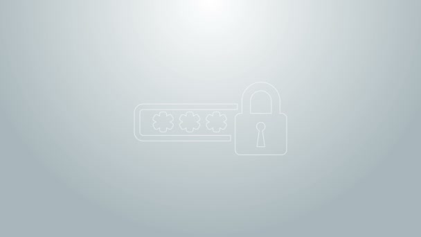 Ligne bleue Icône de sécurité et de protection par mot de passe isolée sur fond gris. icône de verrouillage. Sécurité, sûreté, protection, concept de vie privée. Animation graphique de mouvement vidéo 4K - Séquence, vidéo
