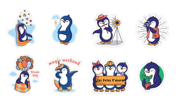 El conjunto de divertidos pingüinos. Colección de animales de dibujos animados con letras - Vector, Imagen
