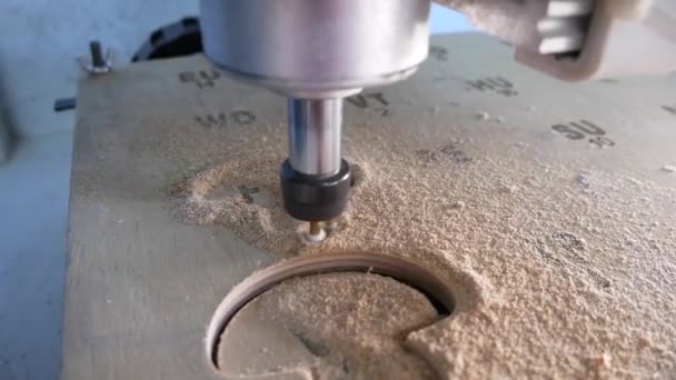 The cnc machine cuts the precise contour of the mushroom in the wood with a sharp cutter. - Filmagem, Vídeo