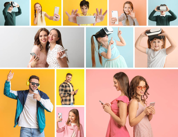 Collage of photos with different people using devices on color background - Photo, Image