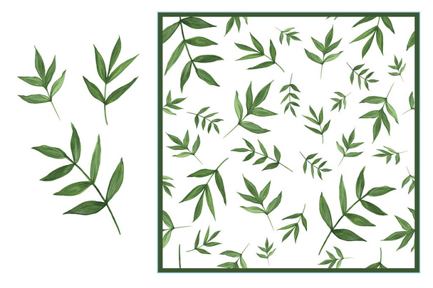 Botanical set - green leaves and seamless pattern. Spring ornament concept. Watercolor design elements isolated on white background. - Fotó, kép