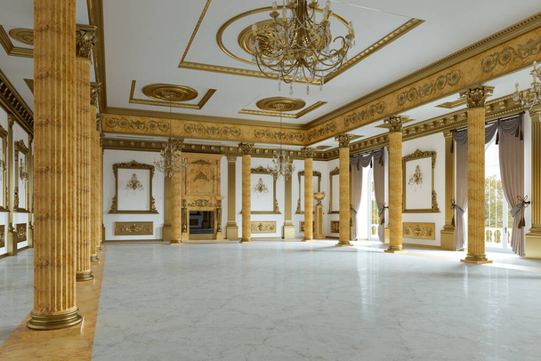 De balzaal en het restaurant in klassieke stijl. 3D-weergave. 3d afbeelding. - Foto, afbeelding
