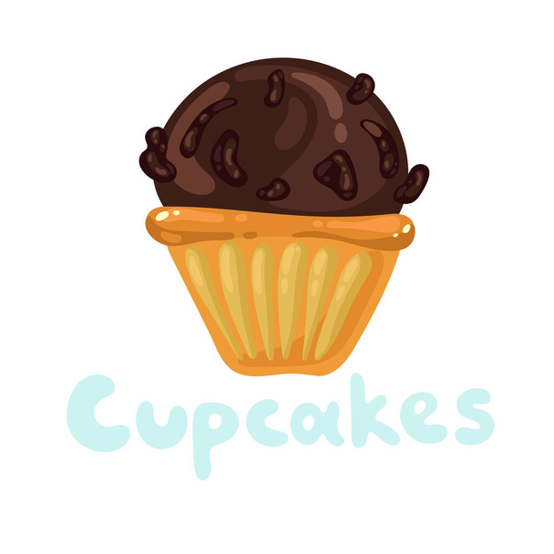 Cupcakes pekárna ikona. Cukrárna, cukrárna. Sladký design dezertu šablony. Cupcakes pekárna ikona. Tmavý krémový muffin s čokoládovou polevou. Svatý Valentýn byt kawaii ikona - Vektor, obrázek