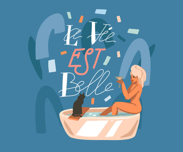 Dibujado a mano vector abstracto stock ilustración gráfica con cita en francés La Vie est Belle significado La vida es hermosa en letras inglesas y mujer de lavado aislado sobre fondo de collage de color - Vector, Imagen