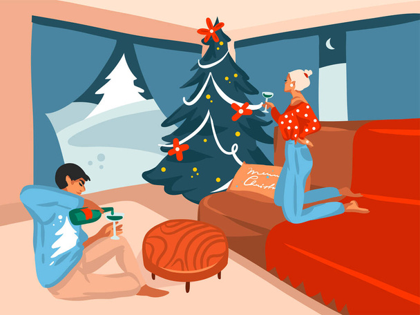 Χειροποίητο διάνυσμα αφηρημένη διασκέδαση απόθεμα επίπεδη Καλά Χριστούγεννα, και Ευτυχισμένο το Νέο Έτος καρτούν εορταστική κάρτα με χαριτωμένες εικόνες των Χριστουγέννων ευτυχισμένο ζευγάρι στο σπίτι μαζί απομονώνονται στο φόντο χρώμα - Διάνυσμα, εικόνα
