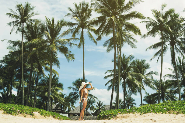 Beautiful and happy woman on the beach with a palm trees - Foto, imagen