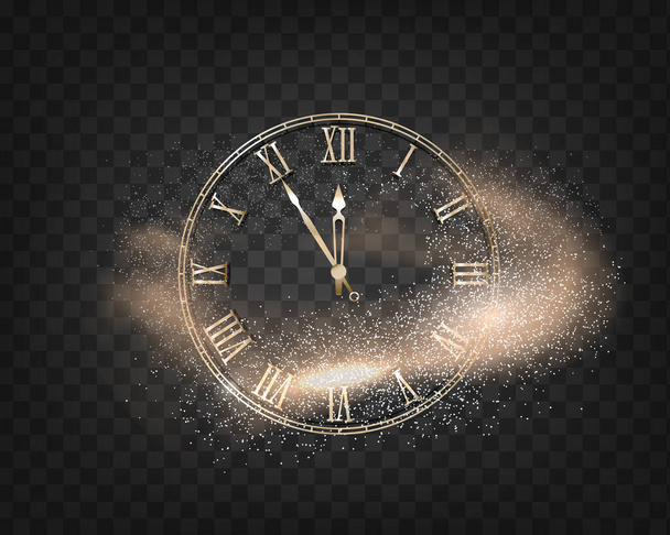 Round New Year clock with a magic effect on a transparent background. Gold dust, cloud. Element for a festive background. Happy New Year. Vector - ベクター画像