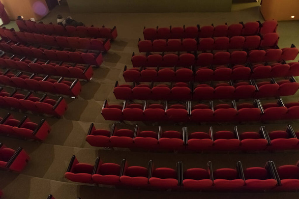 women in cinema, red chairs in rows in theatre  - Фото, зображення