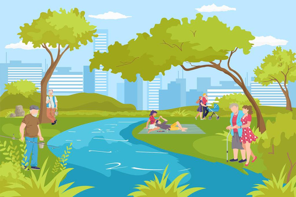 Outdoor rest at river, leisure at summer park nature vector illustration. Cartoon man woman people recreation at landscape. - Vetor, Imagem