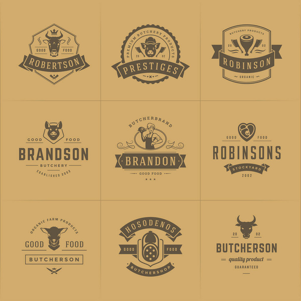 Butcher shop logos set vector illustration good for farm or restaurant badges with animals and meat silhouettes - Vector, Image