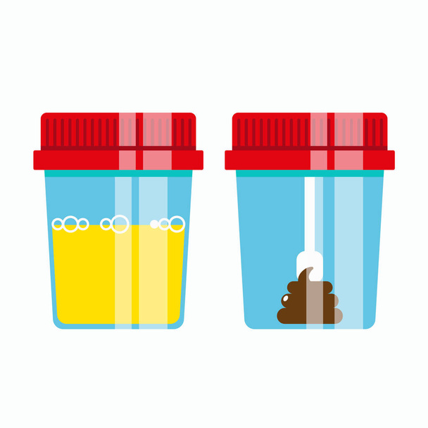 Análise urinária e fecal em frascos de plástico com tampas coloridas. Testes laboratoriais. Ilustração vetorial plana - Vetor, Imagem