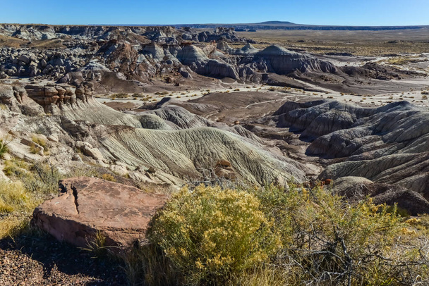 The Painted Desert on a sunny day. Diverse sedimentary rocks and clay washed out by water. Petrified Forest National Park, USA,  Arizona - Foto, afbeelding