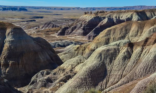 El desierto pintado en un día soleado. Diversas rocas sedimentarias y arcilla lavadas por el agua. Parque Nacional Bosque Petrificado, Estados Unidos, Arizona - Foto, imagen