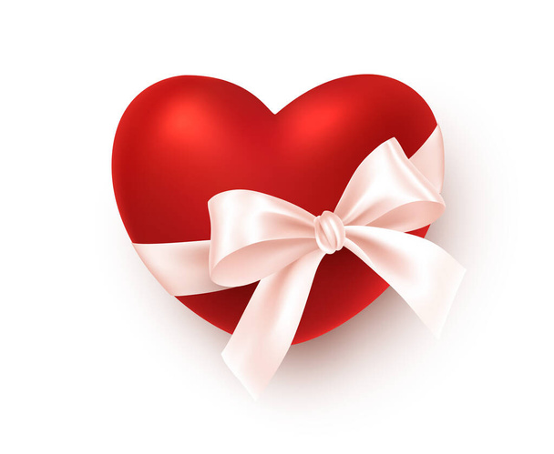 Realistic red heart with white silk ribbon bow isolated on white background. Festive design element for Happy Valentines Day greetings. Vector illustration - Wektor, obraz